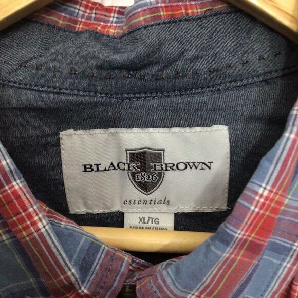 Black Brown 1826 100% Cotton Plaid Button Down Shirt Men XL Red Blue - Picture 2 of 12